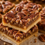 Pecan pie bars with gooey caramel filling and crunchy pecans on a buttery shortbread crust