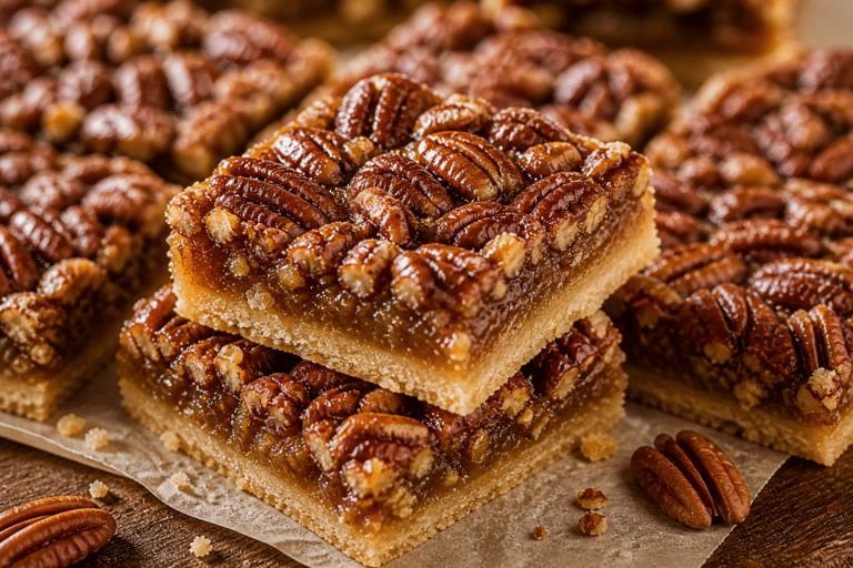 Pecan pie bars with gooey caramel filling and crunchy pecans on a buttery shortbread crust