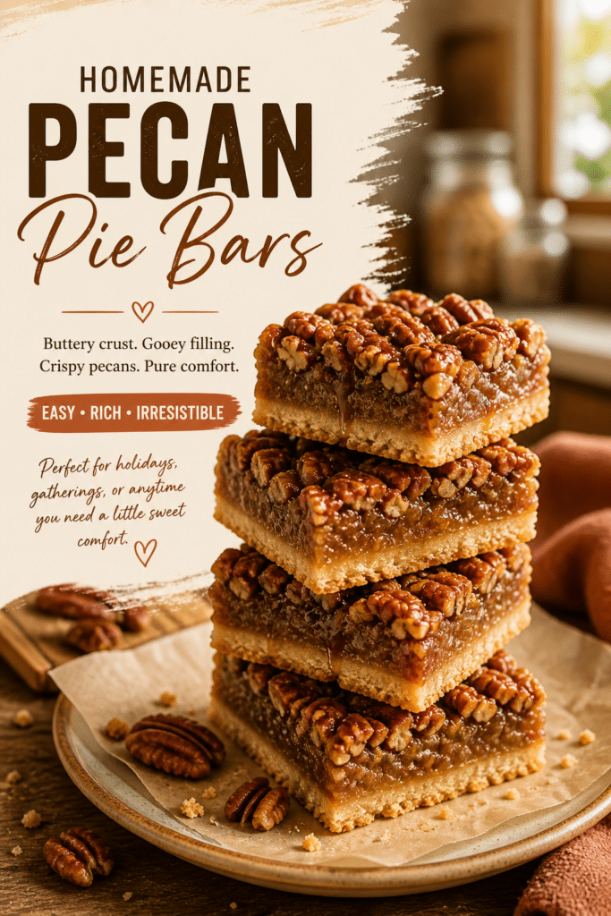 Stacked pecan pie bars with gooey filling and crunchy pecans styled for Pinterest dessert recipe