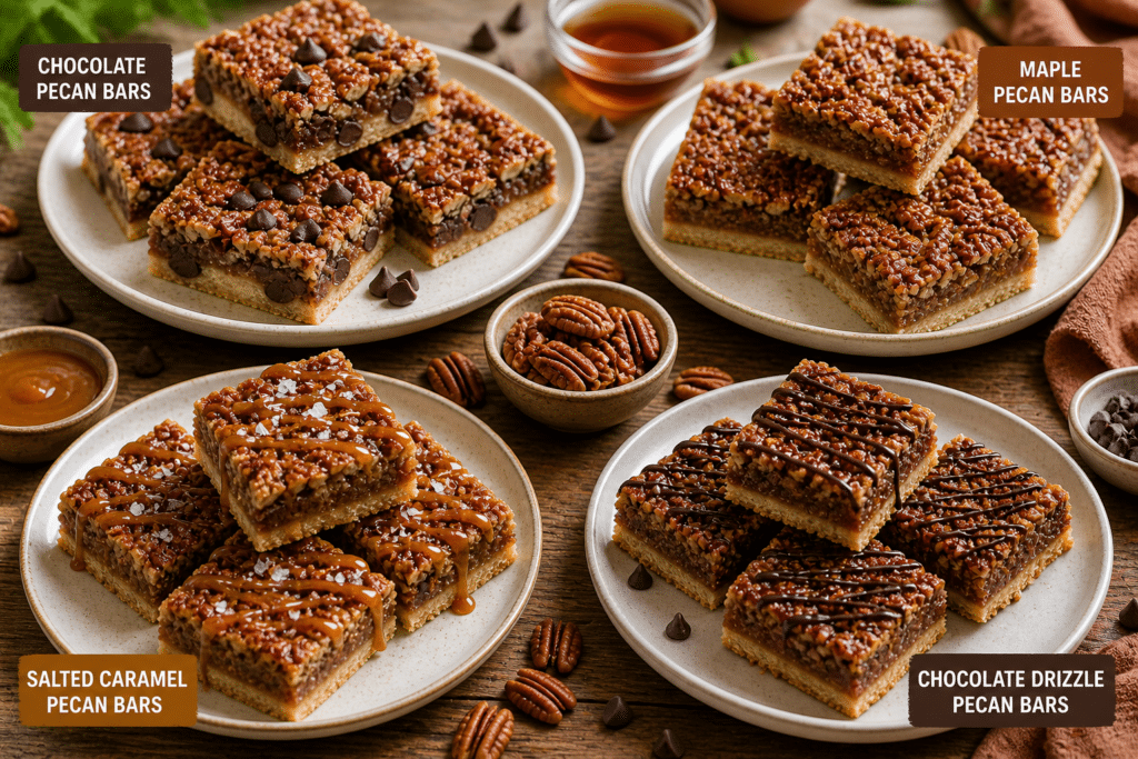 Different pecan pie bar variations including chocolate maple and salted caramel flavors