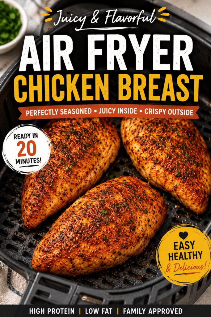 Pinterest graphic featuring juicy air fryer chicken breasts with bold recipe text and high-protein dinner highlights