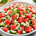 Refreshing watermelon cucumber salad with feta and mint served in a large ceramic bowl with fresh lime, mint leaves, and bright summer ingredients in natural light.