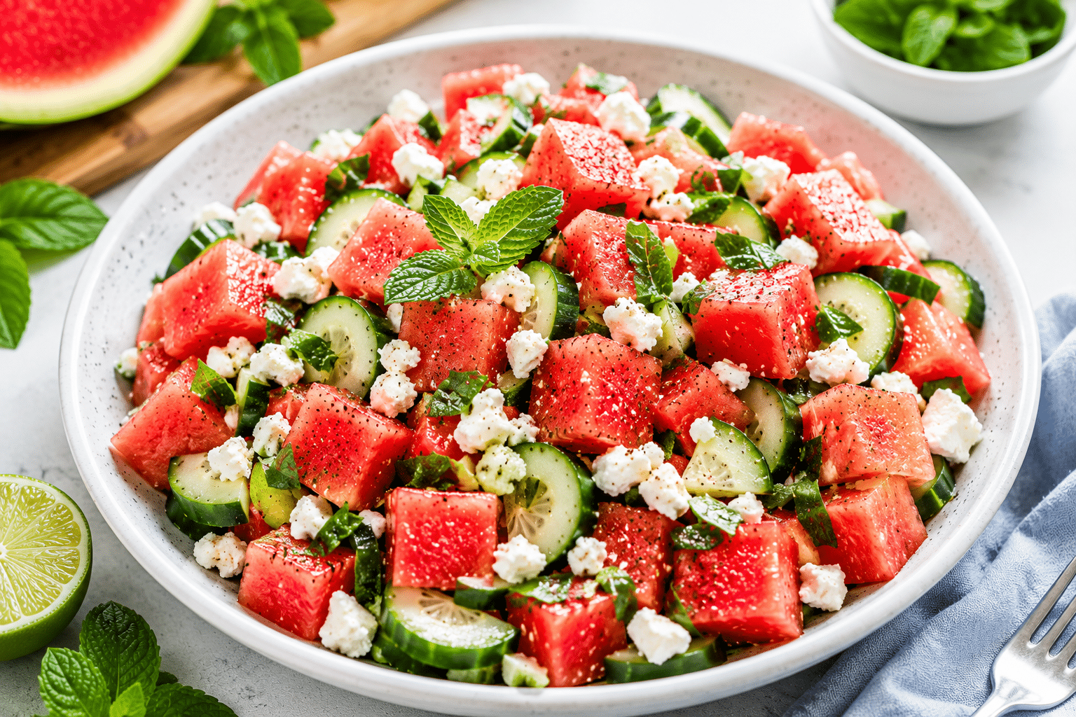 Refreshing watermelon cucumber salad with feta and mint served in a large ceramic bowl with fresh lime, mint leaves, and bright summer ingredients in natural light.
