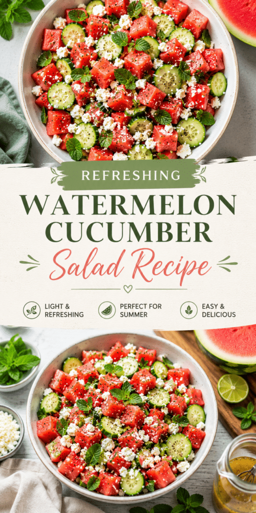 Pinterest-style graphic featuring a refreshing watermelon cucumber salad with feta cheese, fresh mint, and cucumber slices in bright summer bowls with elegant recipe title overlay.
