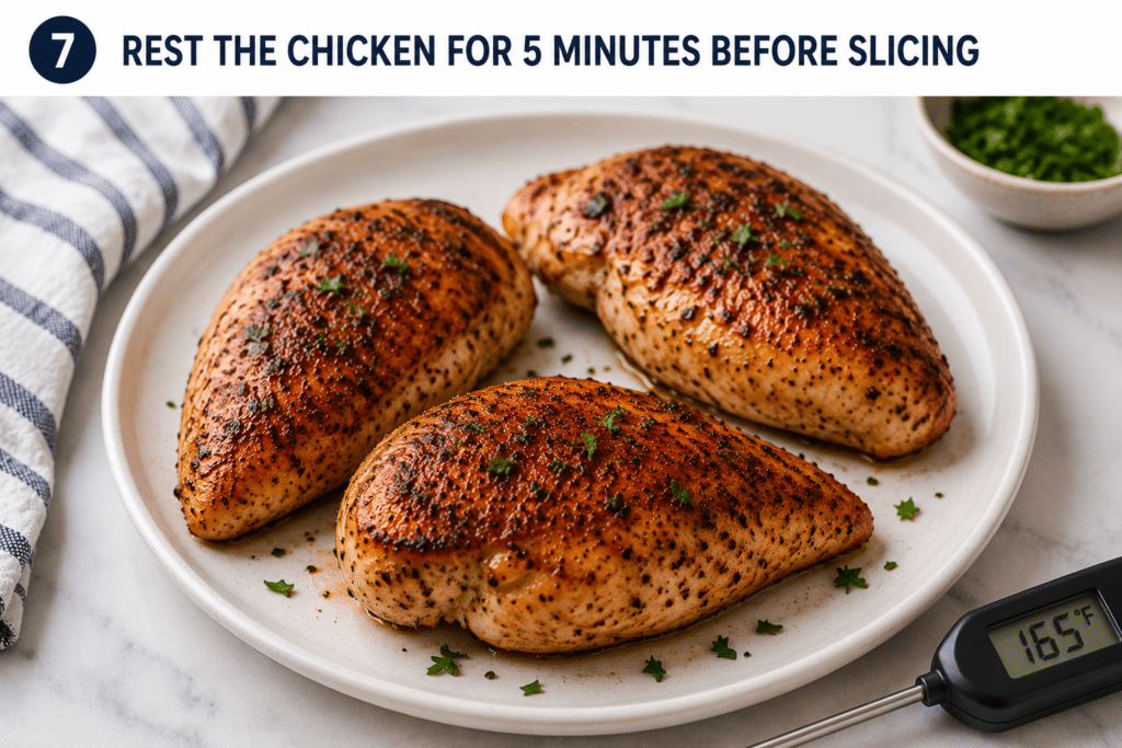 Cooked air fryer chicken breasts resting on a plate before slicing for maximum juiciness