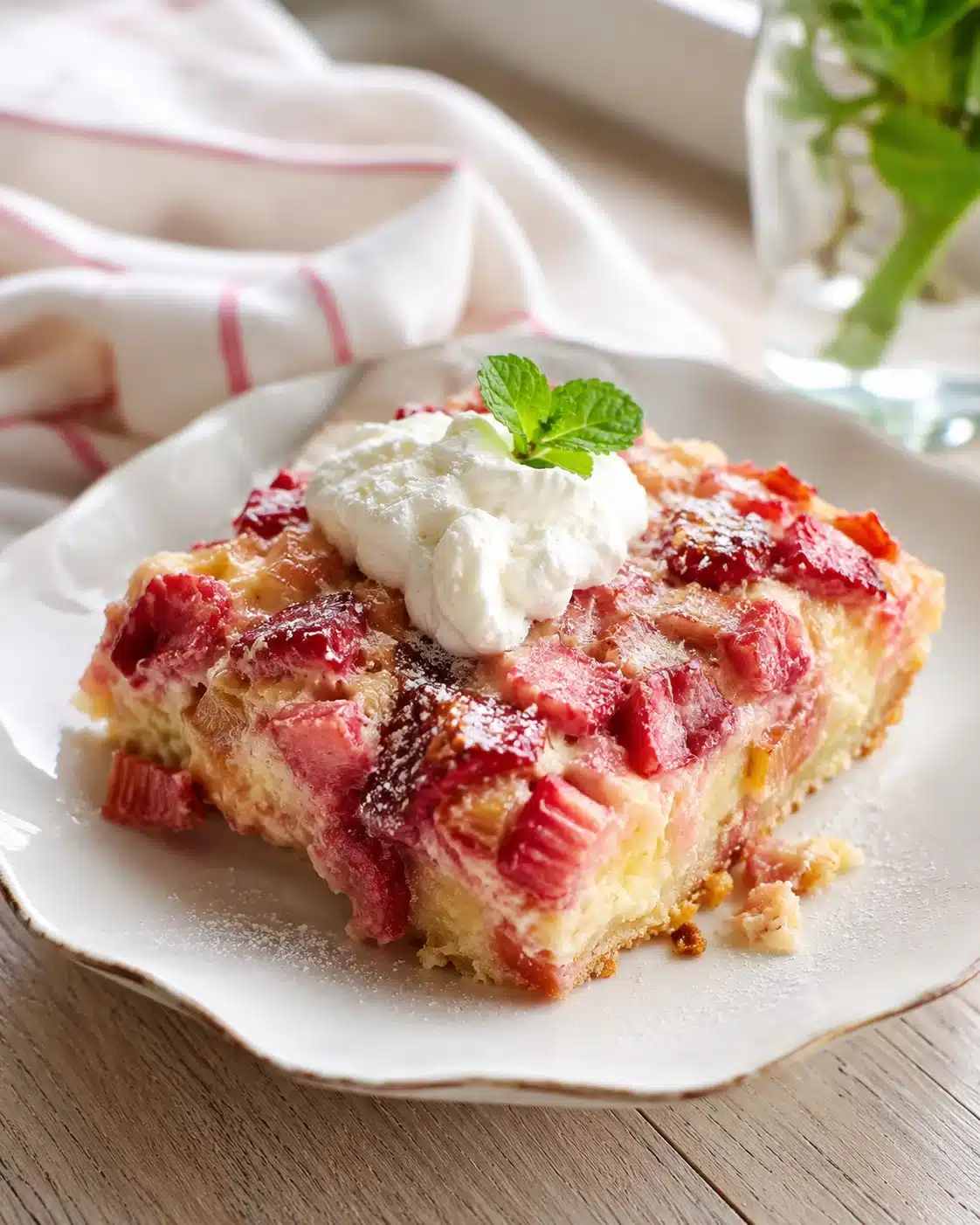 slice of rhubarb custard bar topped with whipped cream and mint on a white plate