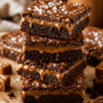 Salted caramel brownie bars stacked with gooey caramel layer and flaky sea salt on top