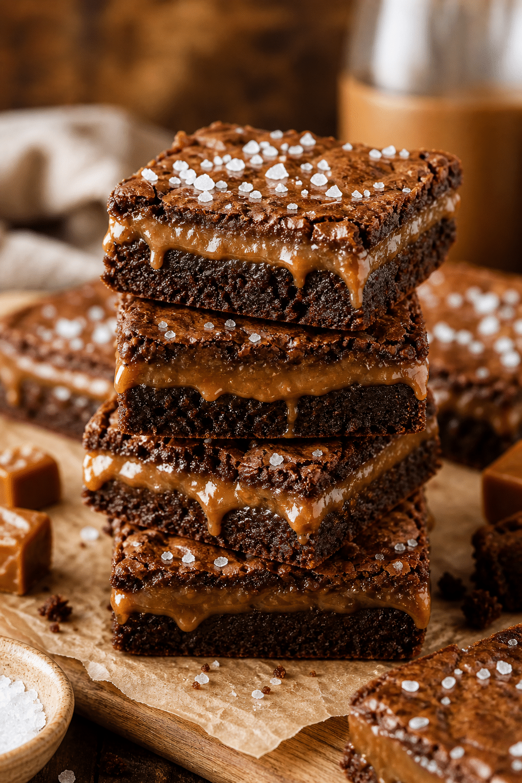 Salted caramel brownie bars stacked with gooey caramel layer and flaky sea salt on top