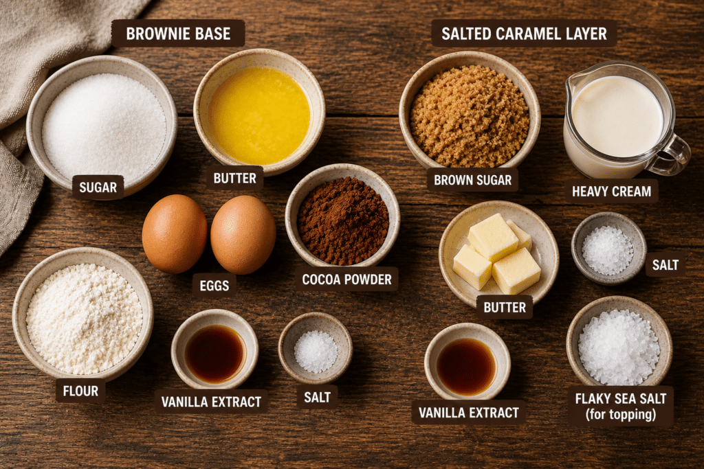 Ingredients for salted caramel brownie bars including cocoa butter eggs sugar cream and salt
