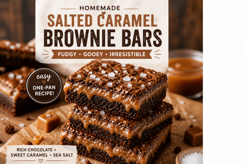 Stacked salted caramel brownie bars with gooey caramel and sea salt styled for Pinterest recipe image