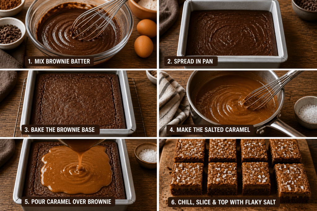 Step by step process of making salted caramel brownie bars from mixing batter to baking and caramel preparation