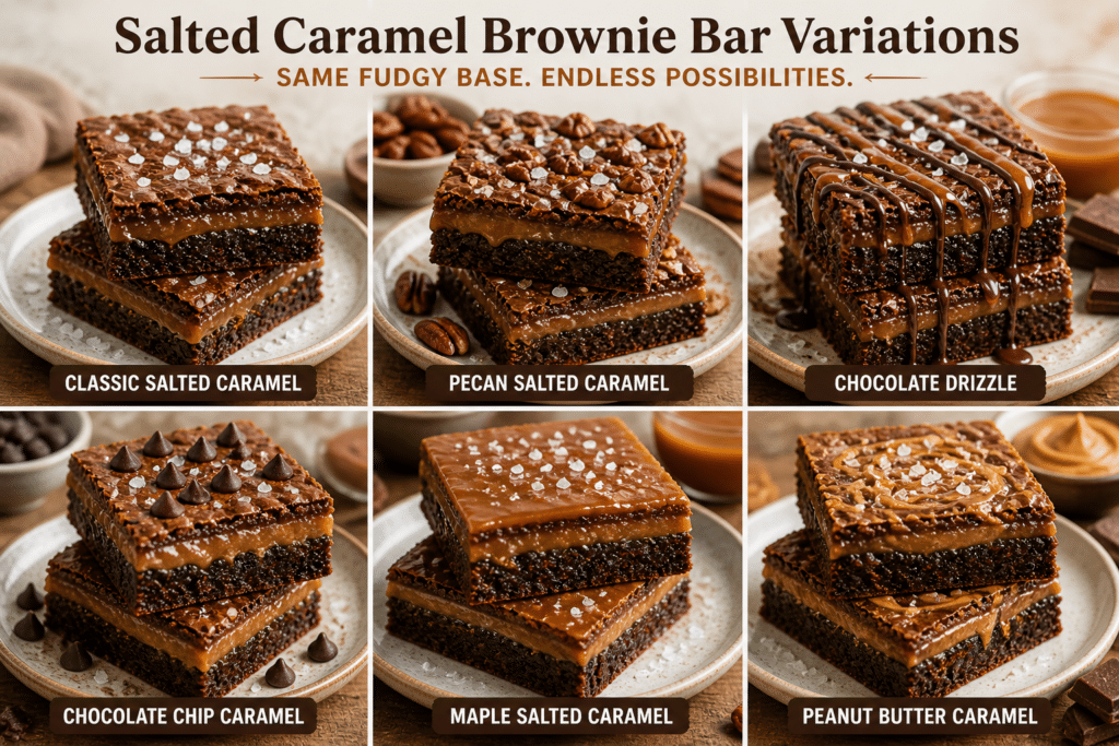 Different salted caramel brownie bar variations including chocolate drizzle pecan and peanut butter toppings