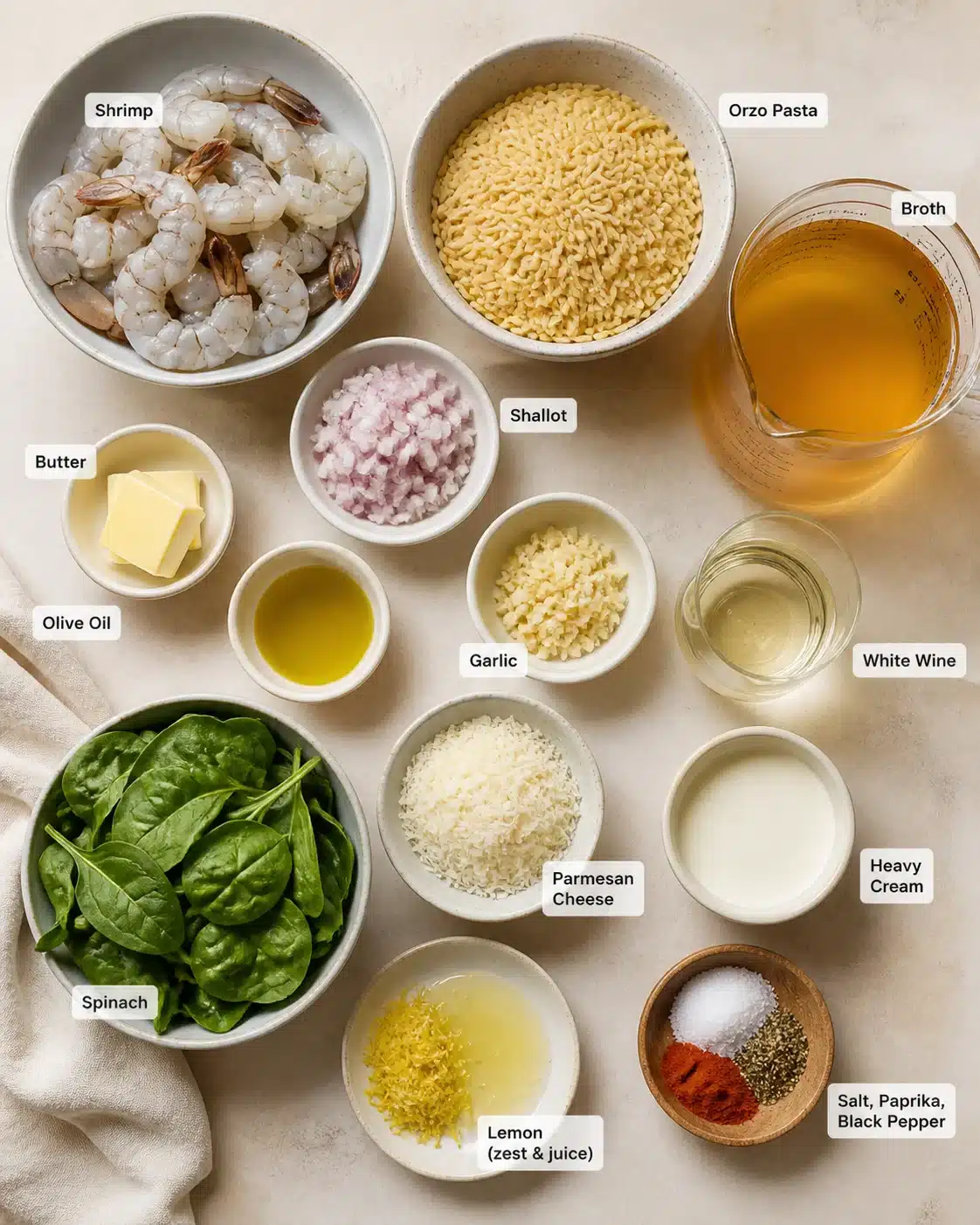 Top-down view of labeled ingredients for a shrimp orzo dish on a beige surface.