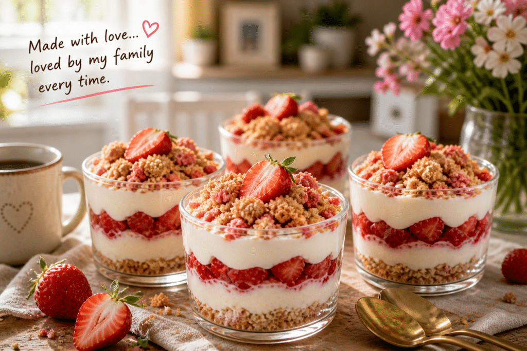 no-bake strawberry crunch cheesecake cups: homemade strawberry cheesecake cups on kitchen table cozy family dessert scene with natural light