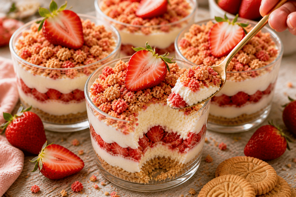 finished strawberry cheesecake cups served with fresh strawberries and crunchy topping