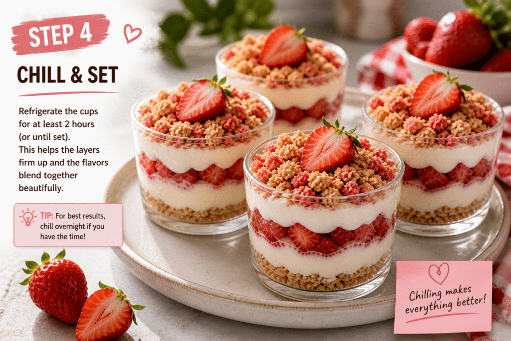 no bake cheesecake cups chilling in fridge to set layers and texture