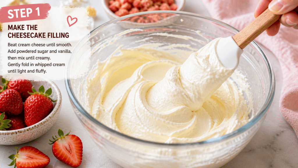 mixing cream cheese and whipped cream to make smooth cheesecake filling step by step