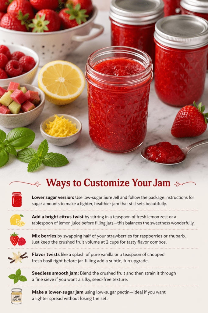 Homemade strawberry freezer jam in glass jars with fresh strawberries, raspberries, rhubarb, lemon, basil, and mint showing creative ways to customize jam flavors and textures.