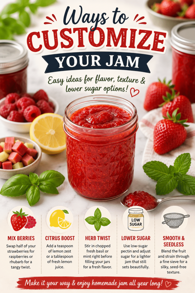 Pinterest-style infographic showing homemade strawberry freezer jam with strawberries, raspberries, lemon, basil, mint, and customization tips including citrus boost, herb twists, lower sugar options, and smooth seedless jam ideas.