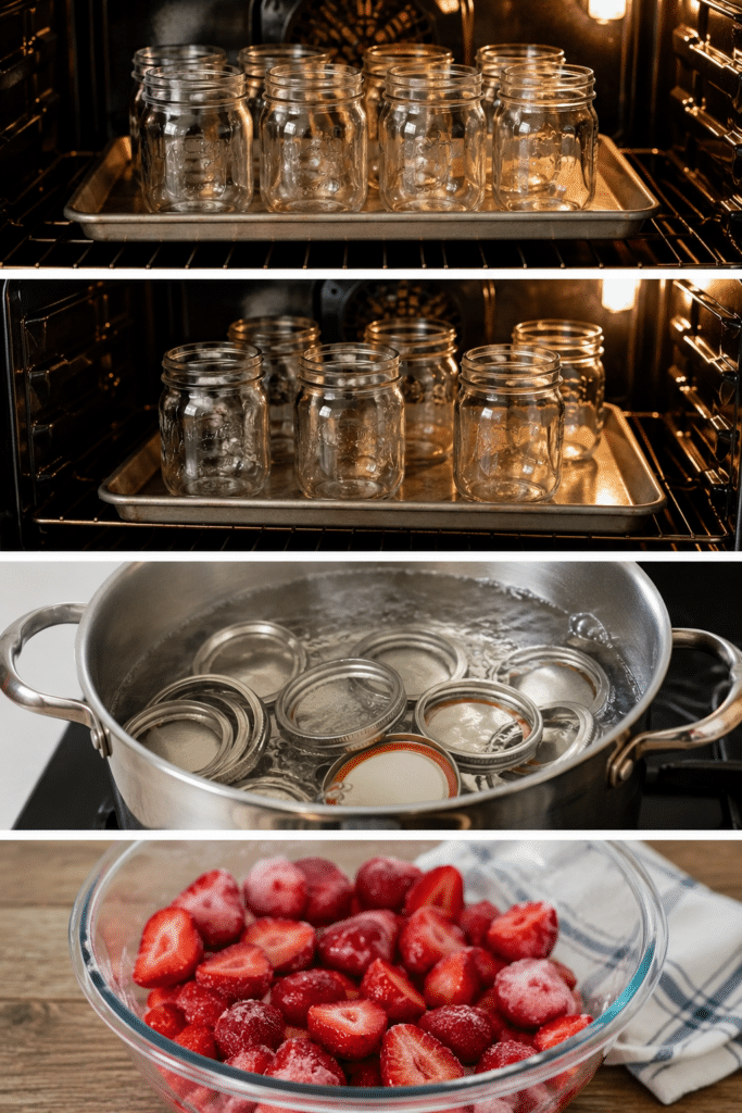 Vertical four-step collage showing sterilized mason jars in the oven, warm canning jars on a baking sheet, metal lids simmering in hot water, and thawed strawberries prepared for homemade strawberry rhubarb jam.