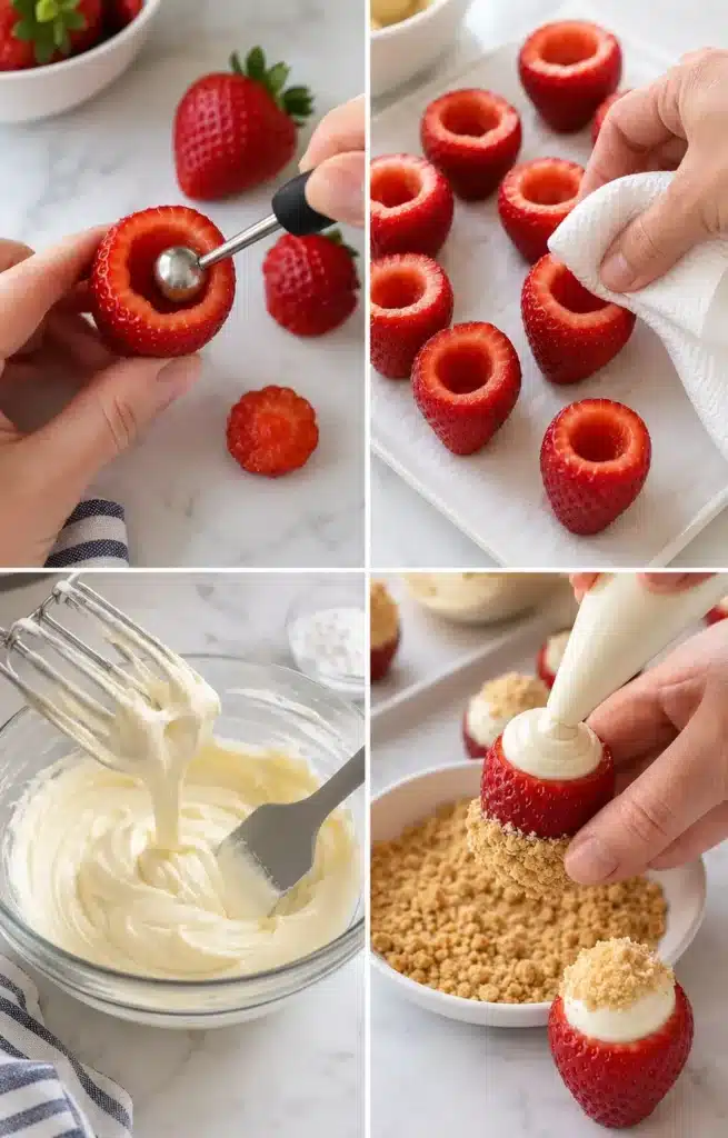 Four photos showing: hollowed strawberry walls, strawberries being patted dry, silky cheesecake filling in a bowl, and piping filling then pressing into graham crumbs.