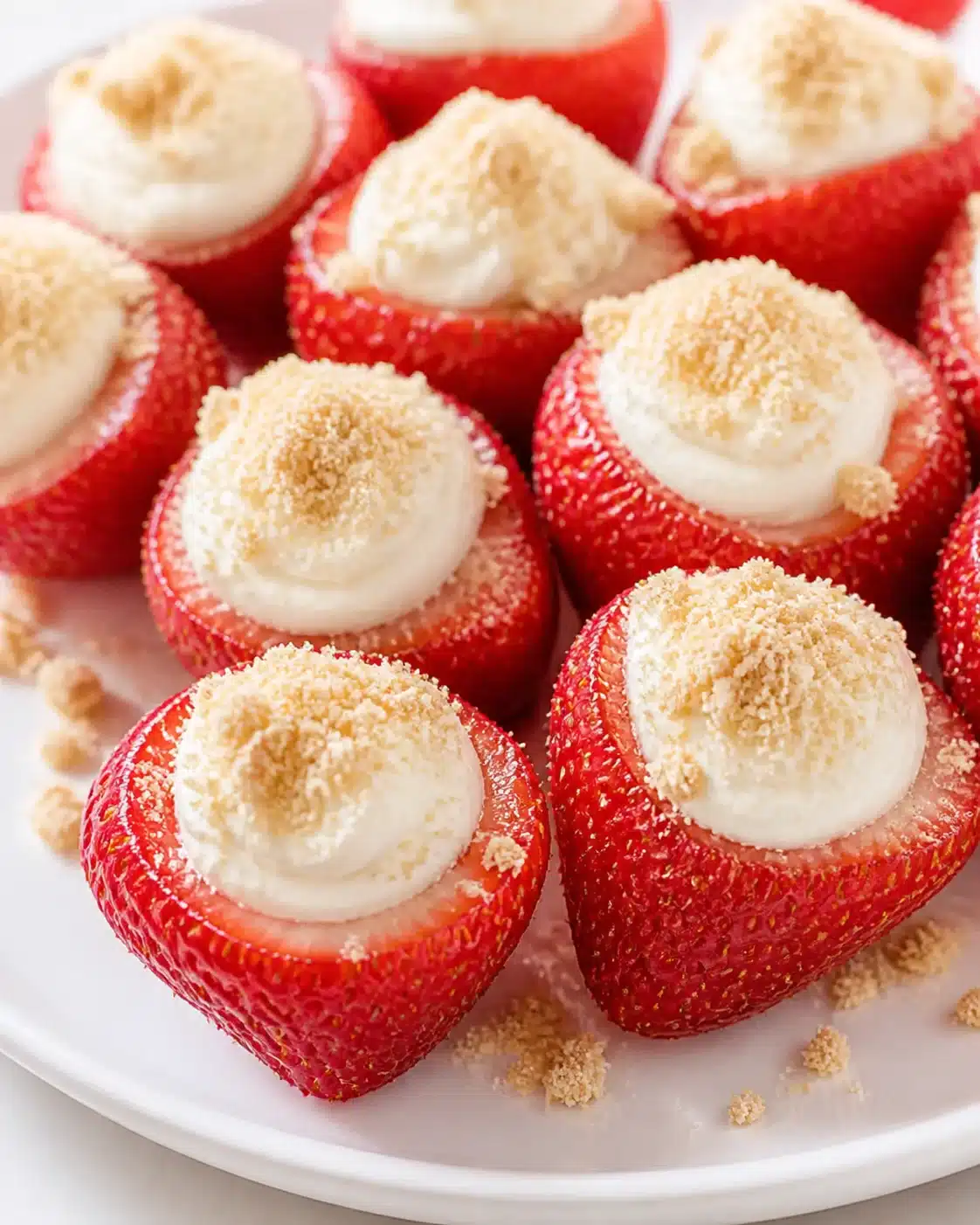 plump red strawberries stuffed with cream and crumb topping on a white plate