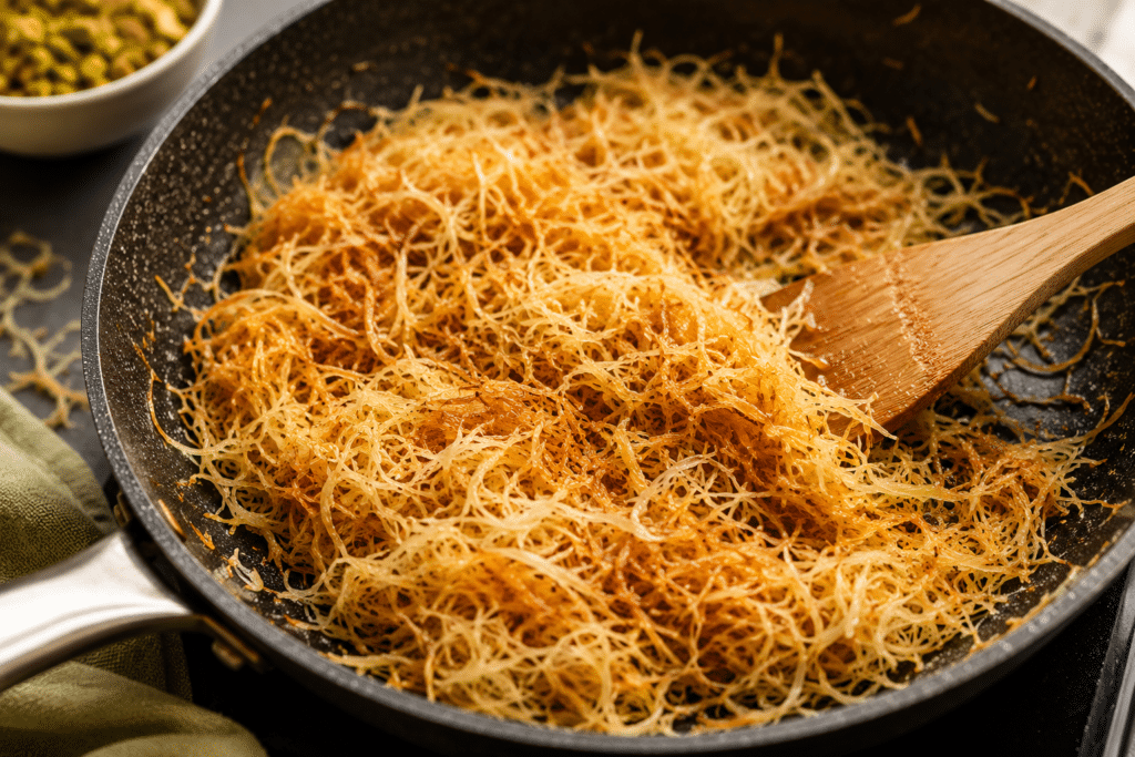 Golden crispy kataifi pastry being toasted in a skillet for Dubai chocolate strawberry cups
