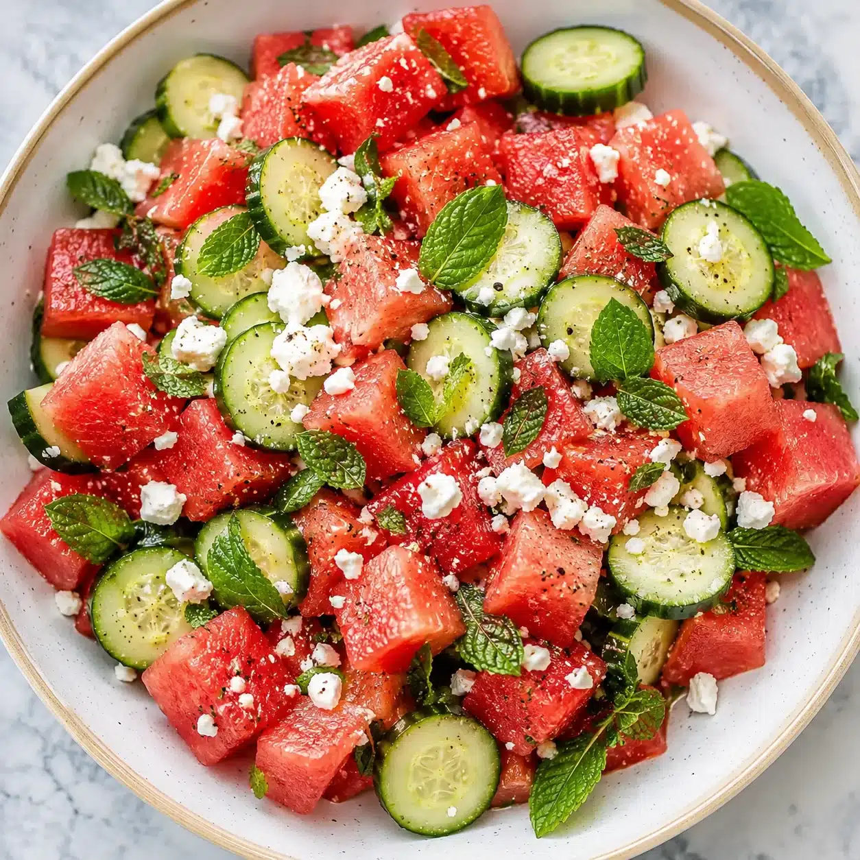 colorful watermelon-cucumber feta-mint salad in a white bowl on marble surface