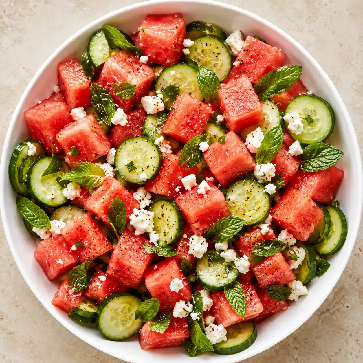 Top-down view of a white bowl filled with watermelon cubes, cucumber rounds, feta, and fresh mint.