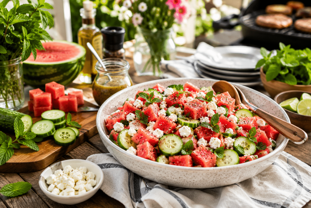 Refreshing watermelon cucumber salad with feta and mint served on a rustic outdoor summer table with fresh ingredients, honey lime dressing, and BBQ picnic atmosphere in natural sunlight.