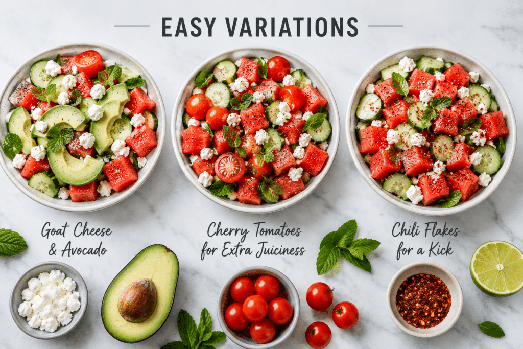Watermelon cucumber salad variations featuring avocado, goat cheese, cherry tomatoes, feta, mint, and chili flakes displayed in three fresh summer salad bowls on a marble background.