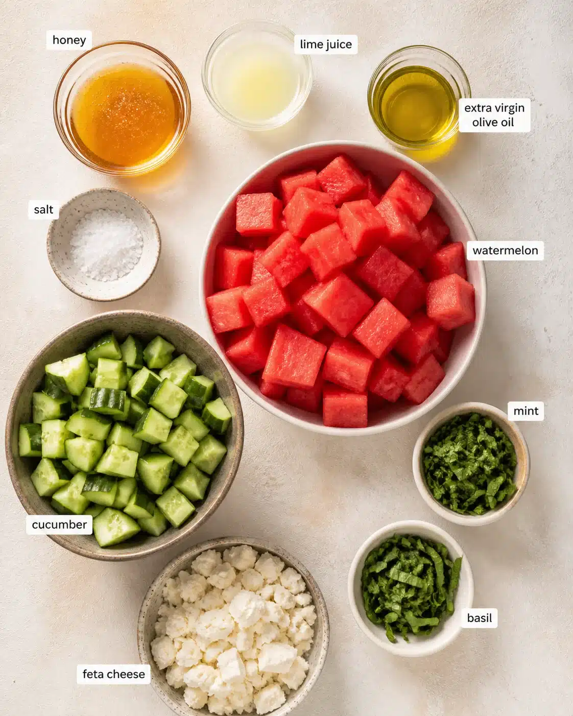 Overhead view of watermelon cubes surrounded by cucumber, feta, mint, basil, and various condiments.