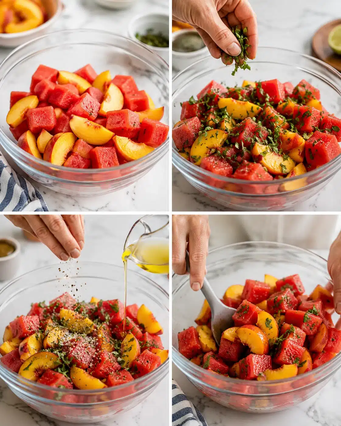 collage of four images showing watermelon and peach chunks with herbs and olive oil