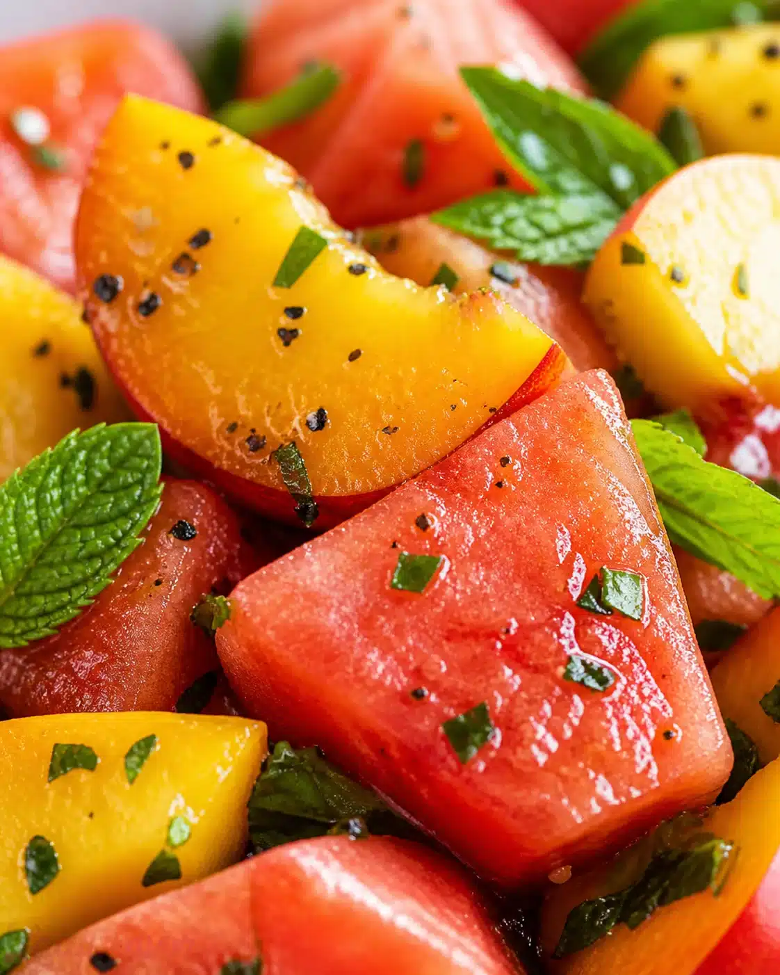 Close-up of juicy watermelon and yellow peach chunks with fresh mint.