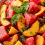 Colorful bowl of watermelon and peach chunks garnished with mint