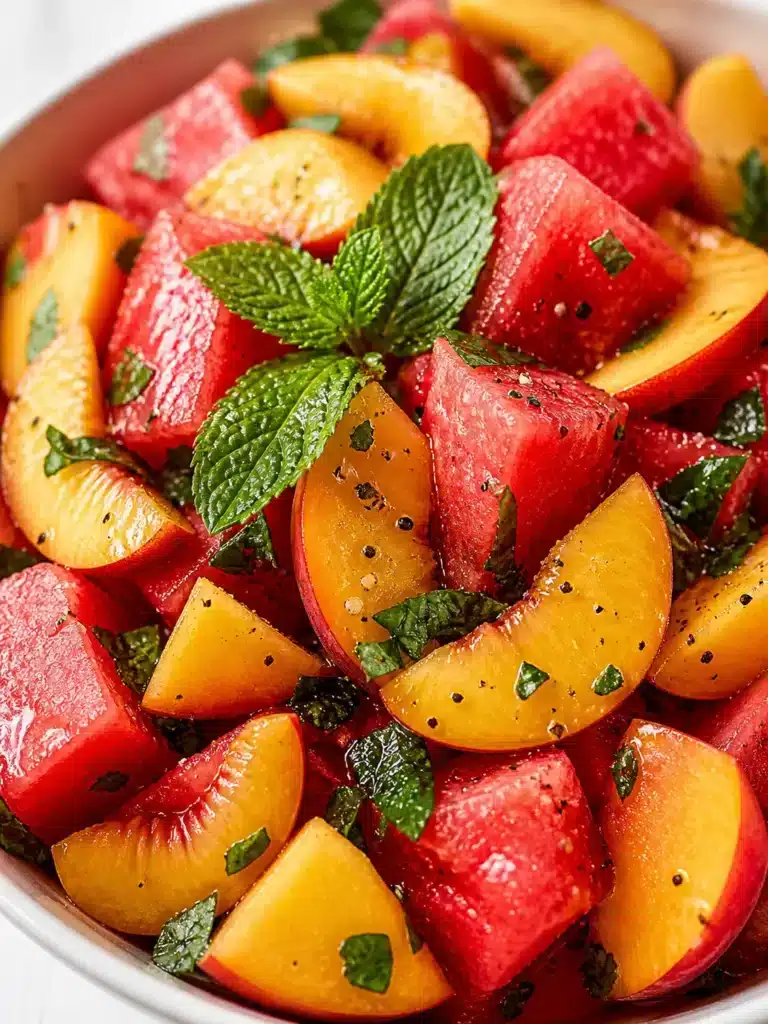 Colorful bowl of watermelon and peach chunks garnished with mint