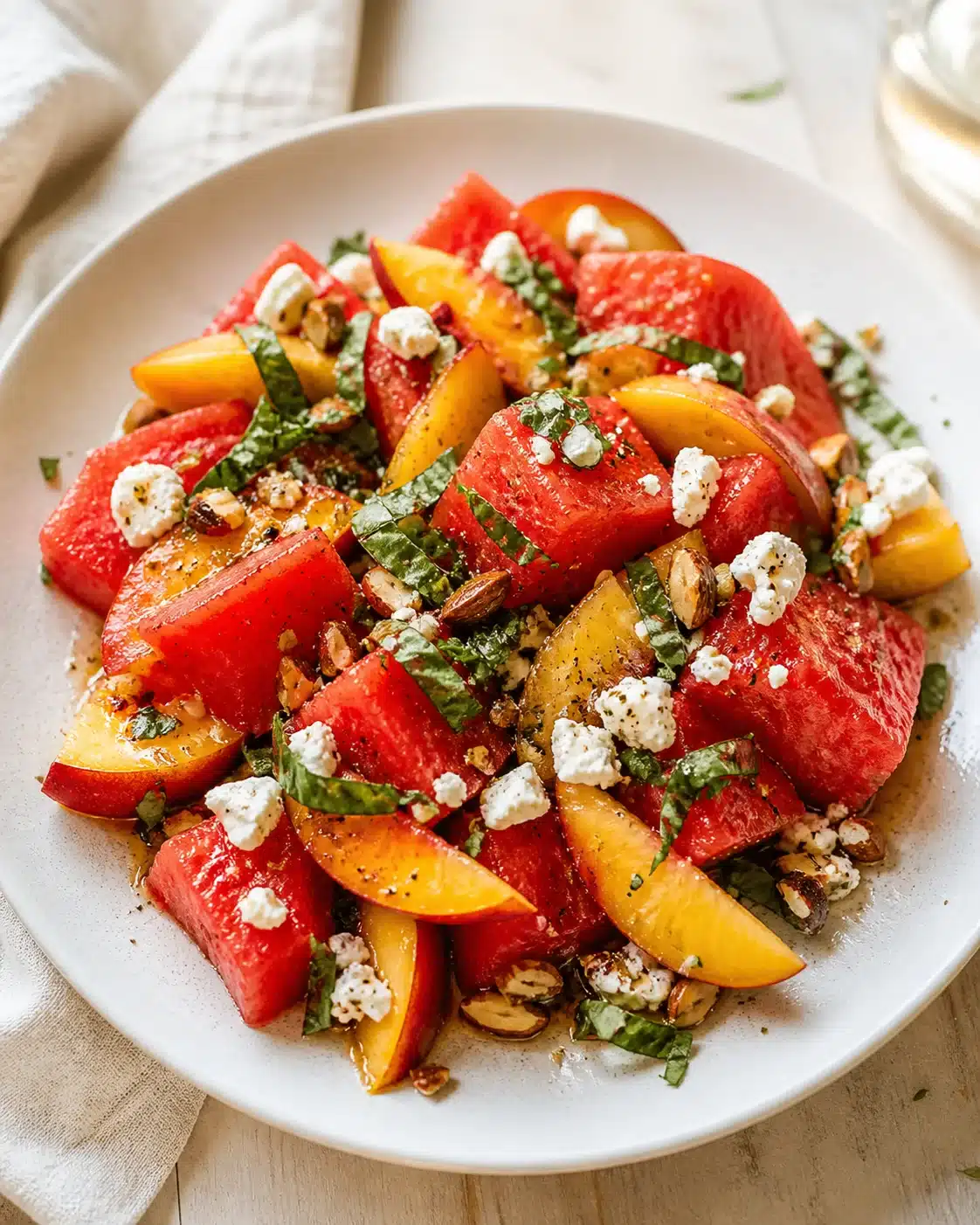 plate of watermelon and peach salad with feta, almonds, and torn basil