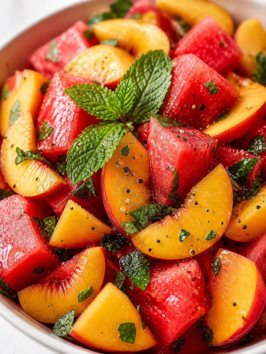 Colorful bowl of watermelon and peach chunks garnished with mint